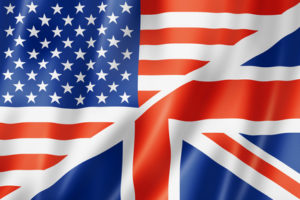 USA and UK flag, three dimensional render, satin texture. speaking english symbol